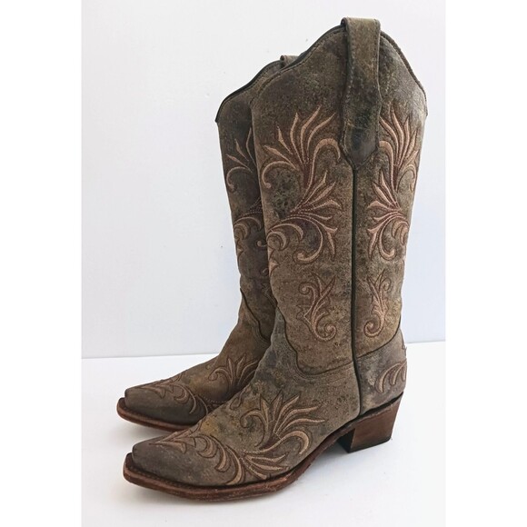 Corral Circle G Embroidered Western Boot Brown Crackle Distressed Leather 6.5M - Picture 11 of 11